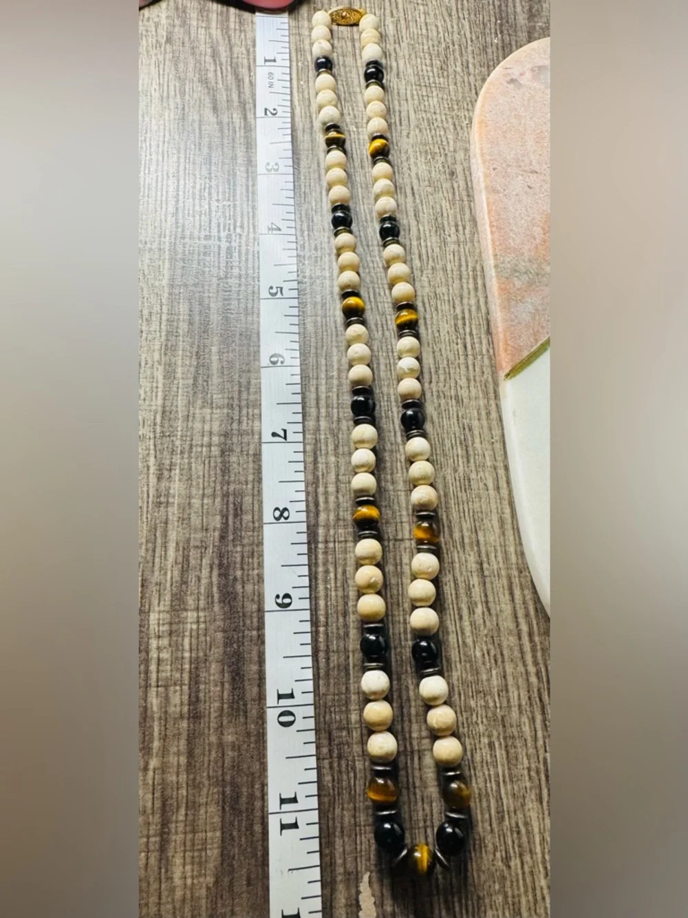 Tiger Eye & Cream Marble Bead Necklace Earth Tone Statement 22-23" - Picture 5 of 5